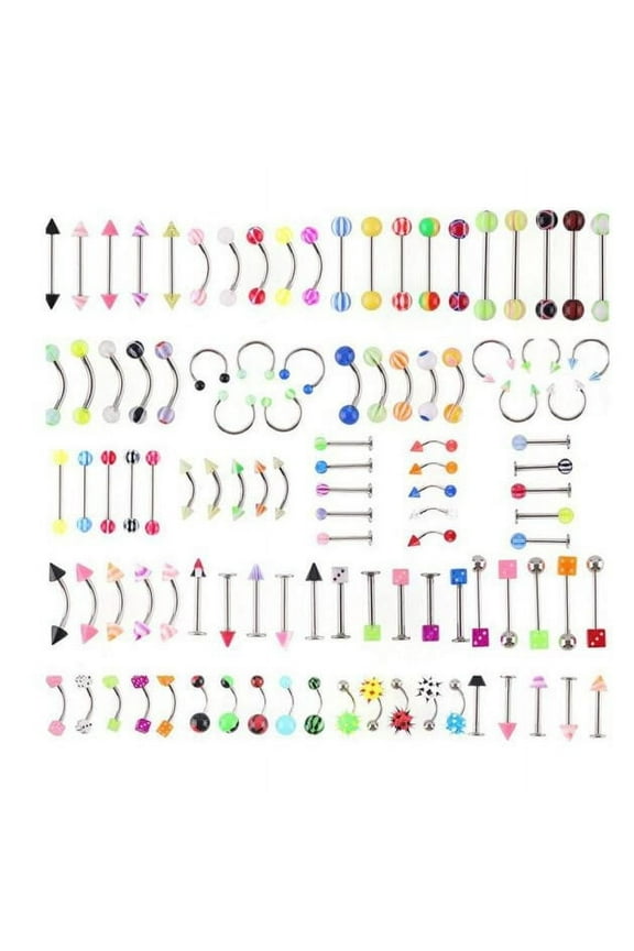 105pcs Body Jewelry Eyebrow Navel Belly Tongue Nose Piercing Bar Ring