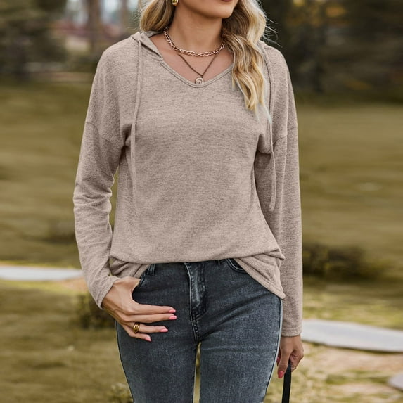 Kiplyki Autumn Sweatshirts Popular Solid V-neck Hooded Loose Sleeved Top Sweater
