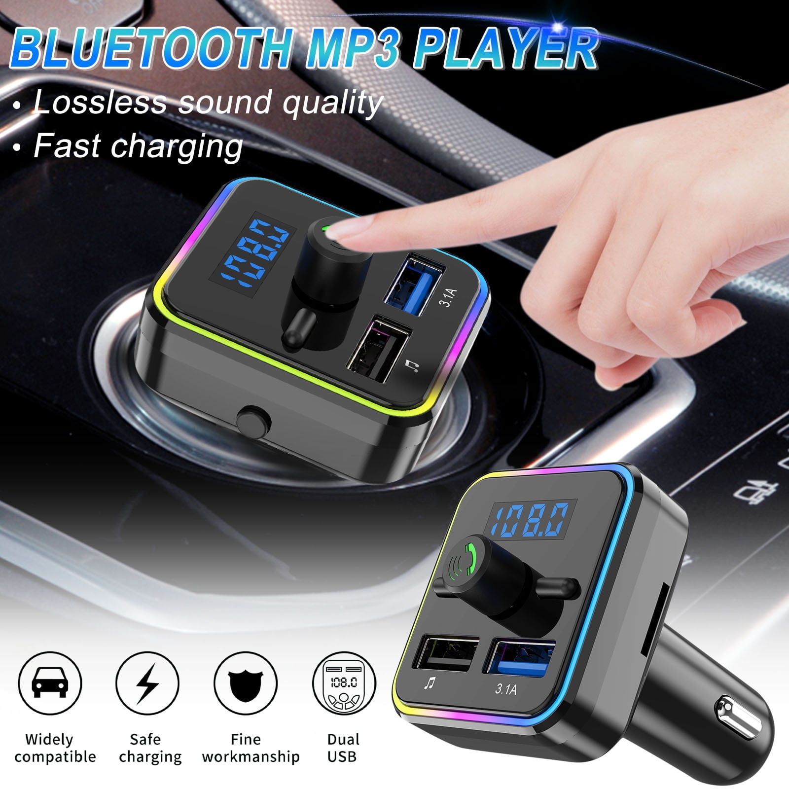 Hatatit Bluetooth FM transmitter car wireless radio adapter kit W 1.8-inch  color display S Hands-free call AUX input/output SD/TF card USB charger  QC3.0 suitable for all smartphone audio players 