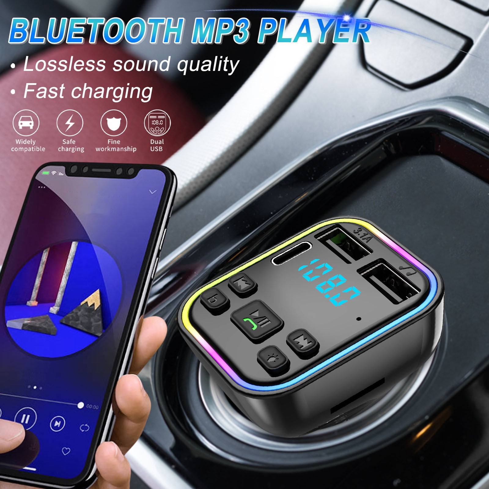 T25 Car Bluetooth FM Transmitter MP3 Player Hands-Free Dual USB Fast Charge