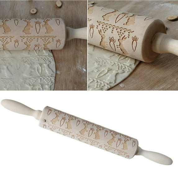 Kiplyki Easter Rolling Pin Engraved Carved Wood Embossed Rolling Pin Kitchen Tool