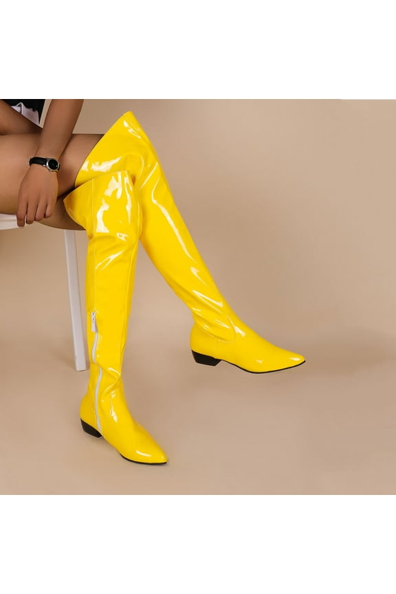 Fall and Winter Candy Low Heel Patent Leather Side Zip Tall Over-the-Knee Boots