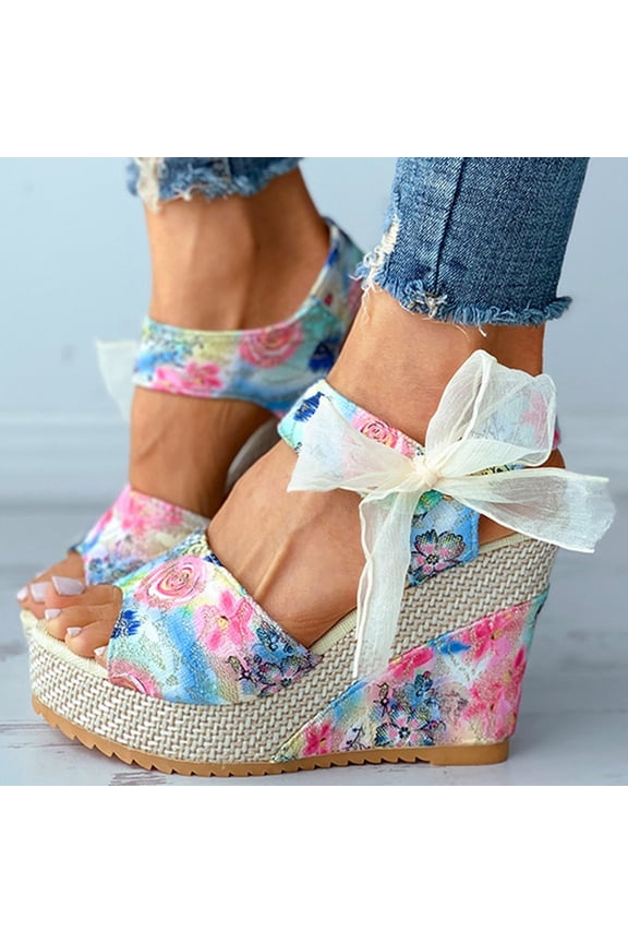 Kiplyki Fashion Women Solid Summer Ladies Bandage Sandals Slope Heel Casual Beach Shoes