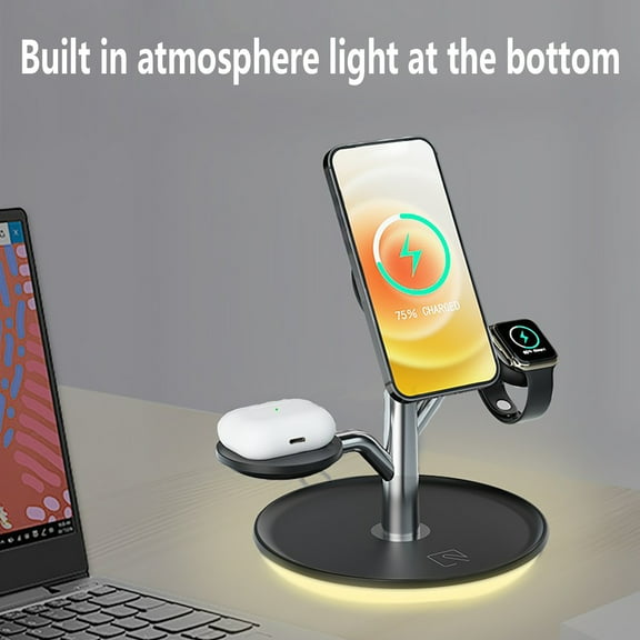 Kiplyki Magnetic Bracket Wireless Charging Tray Suitable For Ios Phone Watch Headphones Three-in-One Adjust Light Wireless Charger Black