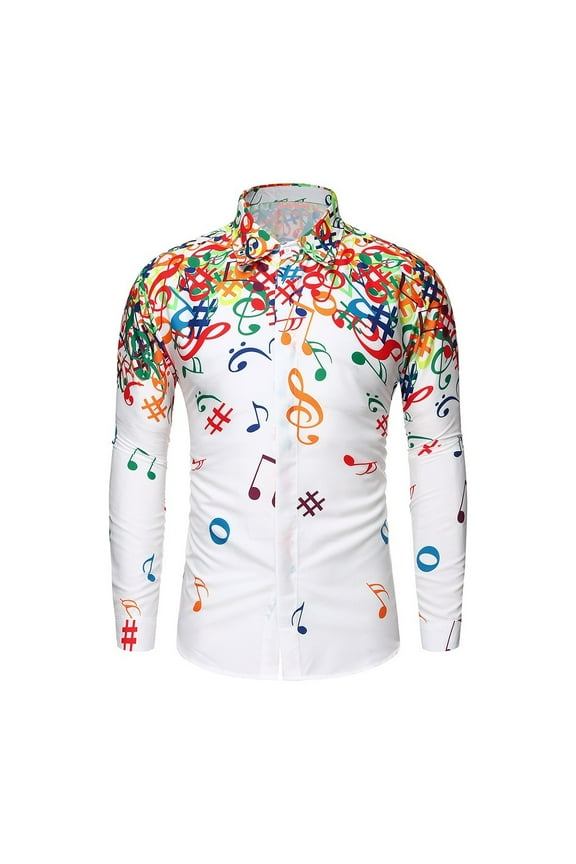 Kiplyki Men Casual Novelty Musical Note Pattern Casual Long Sleeves Shirt Top Blouse