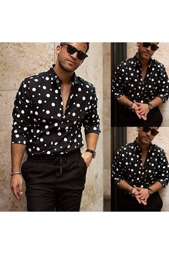 Kiplyki Men's Fashion Loose Casual Long-sleeved Polka Dot Printed Shirt Top Blouse