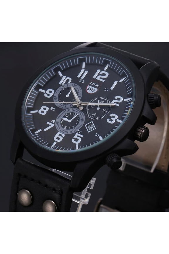Military Leather Waterproof Date Quartz Analog Men's Quartz Wrist Watches