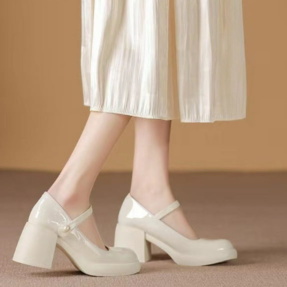 Kiplyki New Mary Shoes Women Fashion High Heel Thick Bottom Buckle Bead Round Head Single Shoes Mid-heeled Shoe