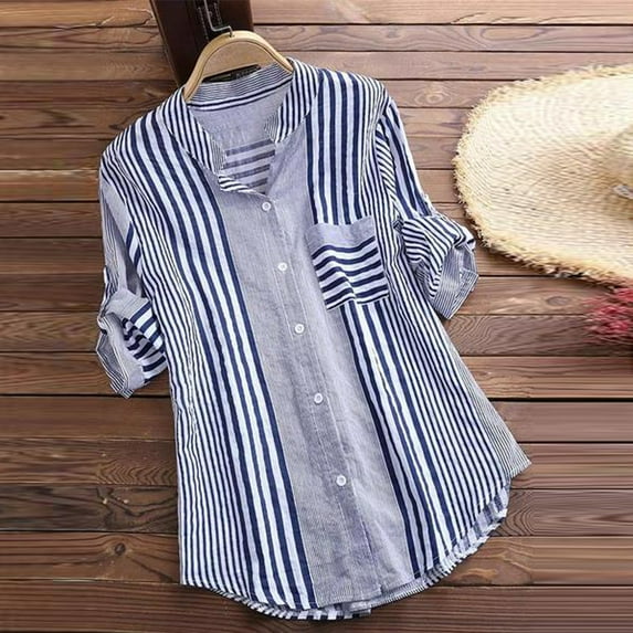 Kiplyki Wholesale Trendy Women Plus Size Three Quarter Striped Print V-Neck Loose Fit Top T-Shirt Blouse