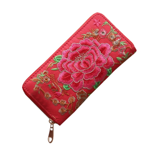 Kiplyki Women Fashion Single Pull Embroidery Ethnic Style Wallet Card Bag Coin Bag Red