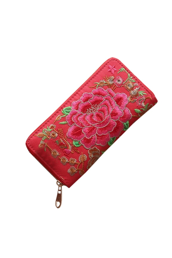 Women Fashion Single Pull Embroidery Ethnic Style Wallet Card Bag Coin Bag Red