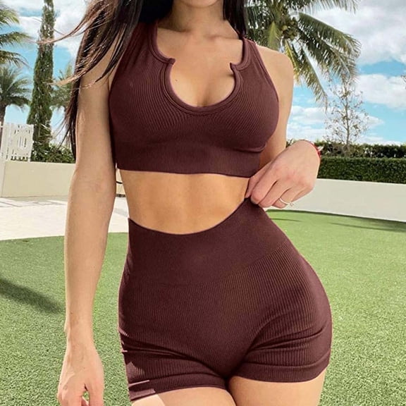 Kiplyki Women Sleeveless Seamless Ribbed Crop Tank High Waist Shorts Yoga Outfits Sets