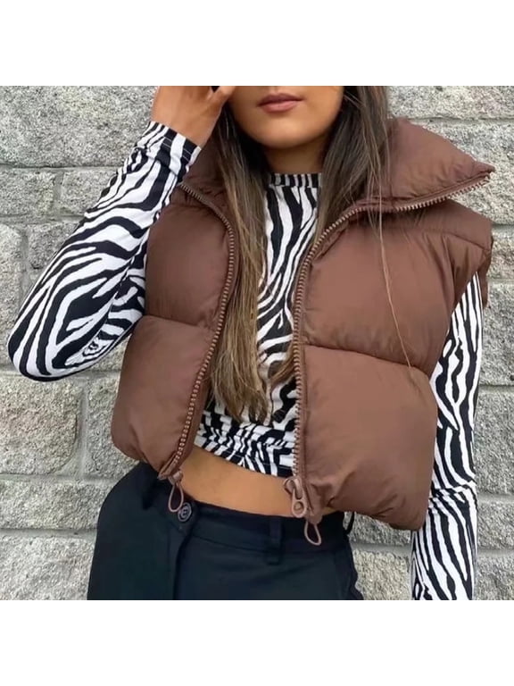 Women's Winter Crop Vest Lightweight Sleeveless Warm Outerwear Vest Padded Gilet Tops Coat