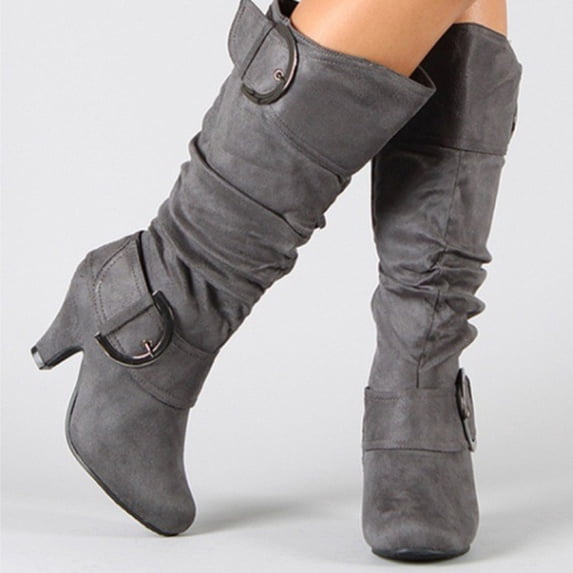 Kiplyki Women's Winter Warm High Heel Straight Leather Belt Buckle Suede Thick Heel Knight