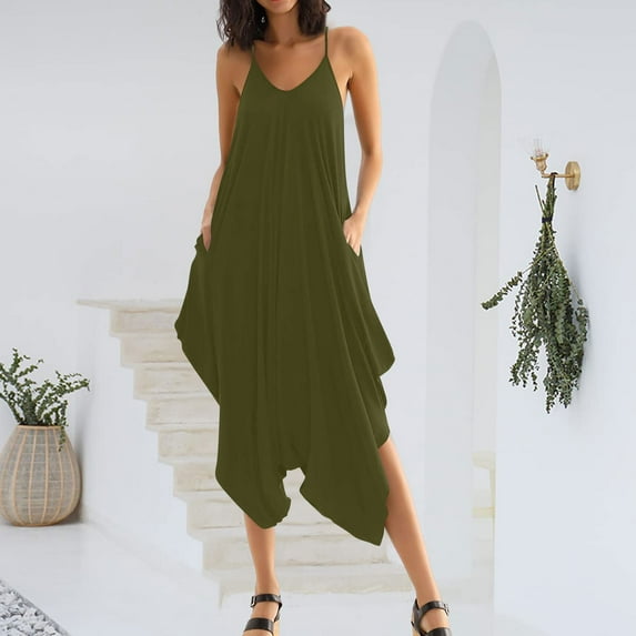 Kiplyki Wide Leg Pants Women's Sleeveless Loose Straps Solid High Waist Wide Leg Jumpsuit Rompers With Pocket