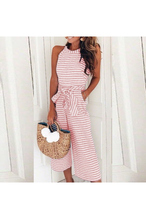 Kiplyki Wide Leg Pants Women's Sleeveless Striped Printed Spaghetti Bandage Wide Leg Jumpsuit Rompers With Pocket