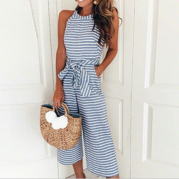 Kiplyki Wide Leg Pants Women's Sleeveless Striped Printed Spaghetti Bandage Wide Leg Jumpsuit Rompers With Pocket