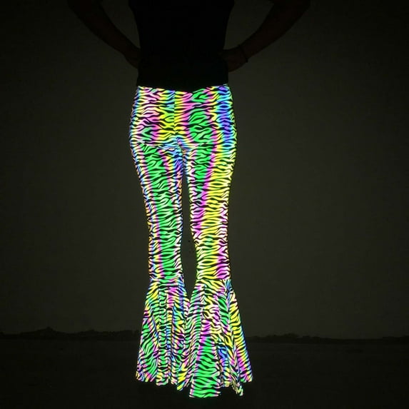 Kiplyki Wide Leg Pants Women Cool Stage Colorful Reflective Flare Pants Slim High Waist Pants
