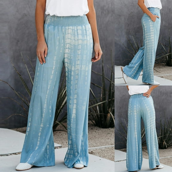 Kiplyki Wide Leg Pants Women Gradient Printed Pockets Elastic Waist Loose Wide Leg Pants