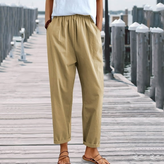 Kiplyki Wide Leg Pants Women Solid Buttons and Linen Loose Trouser Wide Leg Pants