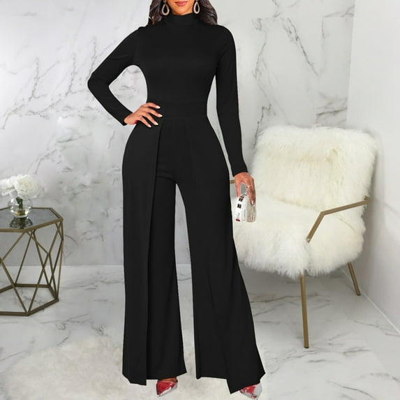 Kiplyki Wide Leg Pants Women's Solid Long Sleeve White Collar Jumpsuit