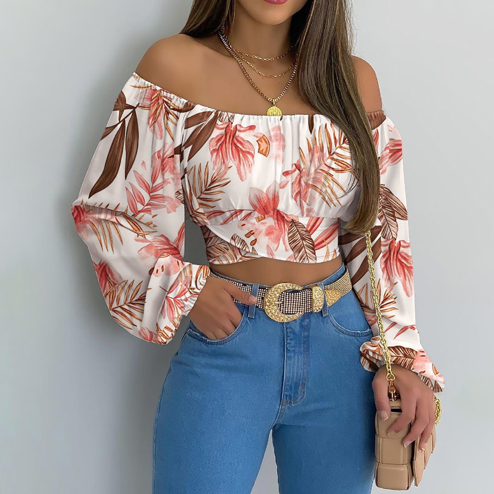 Kiplyki Woman's Strapless Long Sleeve Print Off Shoulder