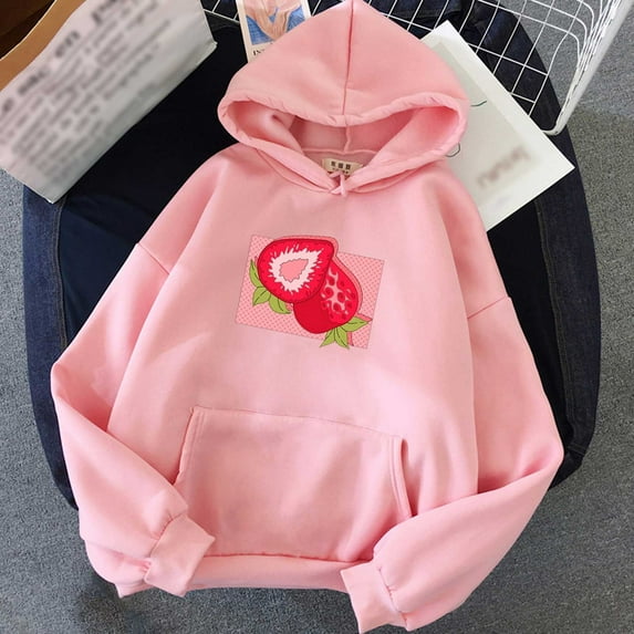 Kiplyki Women Cute Loose Strawberry Print Casual Full-Sleeve Tops Hooded Pocket Sweatshirts Pullover