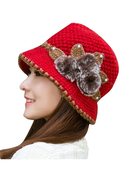 Kiplyki Women Lady Winter Warm Crochet Knitted Flowers Decorated Ears Hat RD