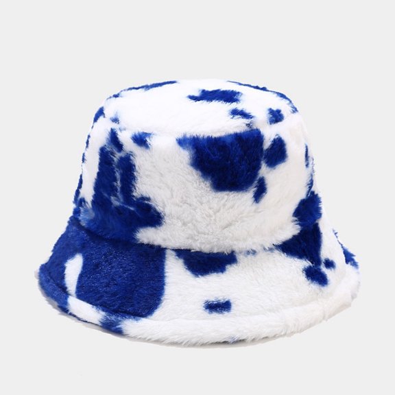 Kiplyki Women's Autumn And Winter Fashion Cow Print Basin Hat Plush Fisherman Hat Warm Hat