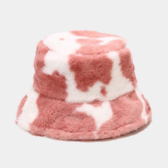 Kiplyki Women's Autumn And Winter Fashion Cow Print Basin Hat Plush Fisherman Hat Warm Hat