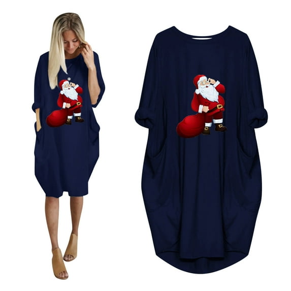 Kiplyki Women's Christmas Dress Plus Size The Winter Loose Pocket Printed Dresses
