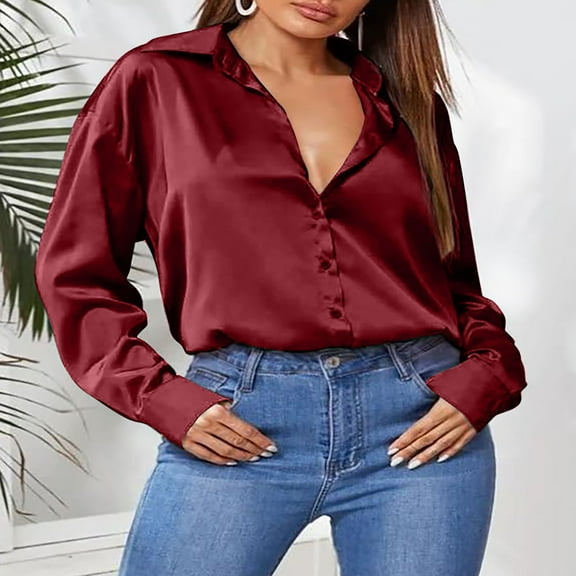 Kiplyki Women's Fall Shirt Loose Long Sleeve Turn Down Collar Blouse T-shirt Tops