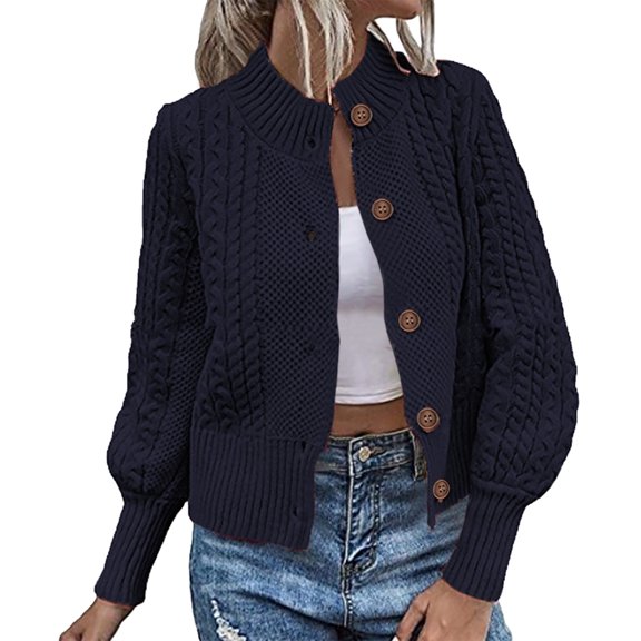 Kiplyki Women's Fall Trends Shirts Casual Solid Knitting Buttons Long Sleeve Hoodless Coat Tops