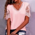 thumbnail image 1 of Kiplyki Women's Fall Trends Shirts Casual Solid Short Sleeve V-Neck Lace Stitching Pullover Blouse T-shirt Tops, 1 of 6