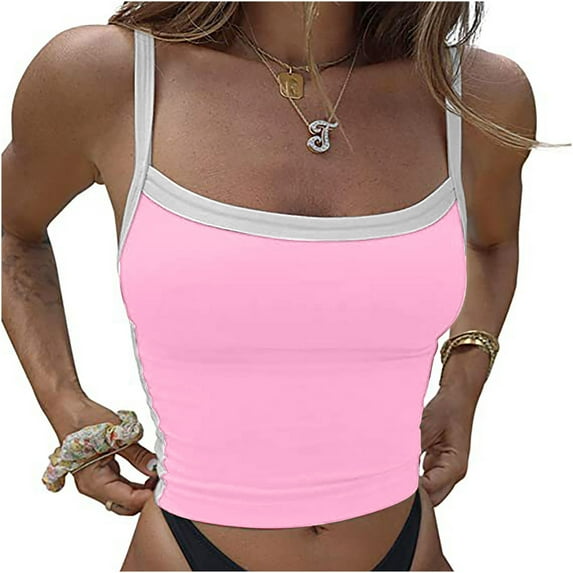 Kiplyki Women's Fall Trends Shirts Round-neck Camisoles Sling Patchwork Backless Midriff-baring Vest Tank Tops Blouse T-shirt
