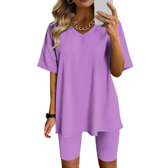 Kiplyki Women's Fall Trends Shirts V-Neck Solid Color Blouse Short Sleeve Tops Shorts Casual Suit Sets