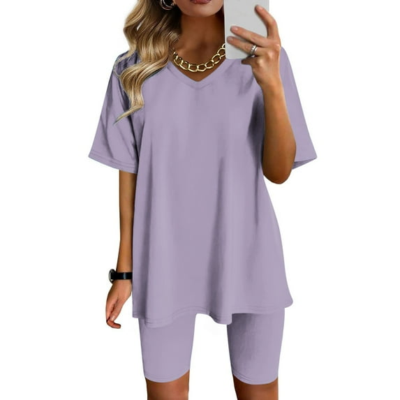 Kiplyki Women's Fall Trends Shirts V-Neck Solid Color Blouse Short Sleeve Tops Shorts Casual Suit Sets