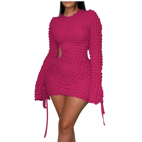 Kiplyki Women's Long Sleeve Fall Dress Round-Neck Solid Out Mini Dress
