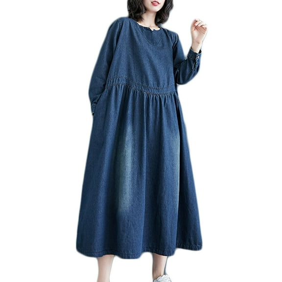 Kiplyki Women's Long Sleeve Fall Dress Spring And Round-Neck Solid Dress