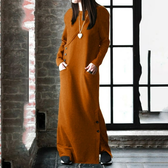 Kiplyki Women's New Arrivals Dress Round Neck Winter Warm Color Long Sleeve Pocket Long Dress