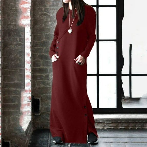 Kiplyki Women's New Arrivals Dress Round Neck Winter Warm Color Long Sleeve Pocket Long Dress