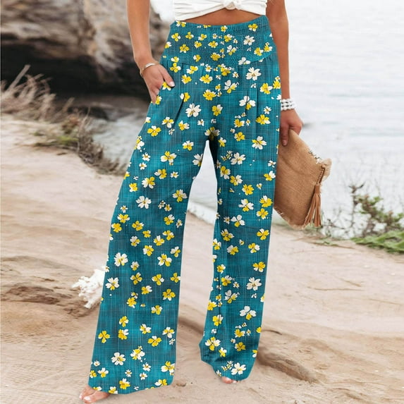 Kiplyki Women's Wide Leg Pants Womens Casual Pants Lightweight Summer Relax Fit Printed Elastic Waist Solid Lounge Long Trousers Sweatpants Yoga Pants