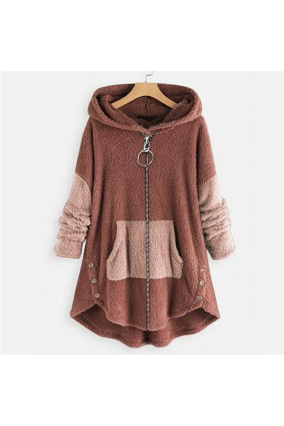 Kiplyki Womens Fall Cardigan Cozy Long Sleeve Color Block Fleece Hooded Fuzzy Asymmetrical Hem Zipper Pokets Teddy Bear Coat