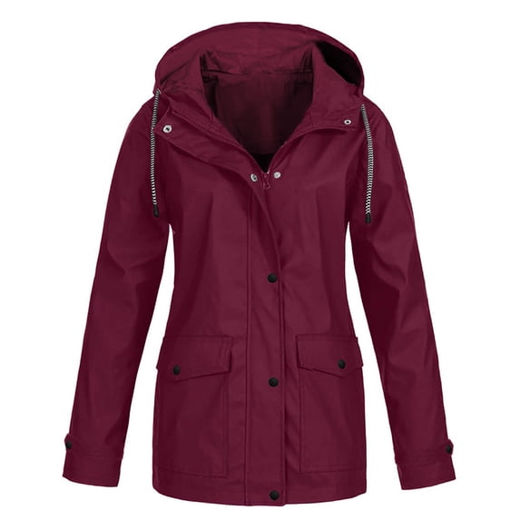 Kiplyki Womens Fall Cardigan Solid Rain Jacket Outdoor Plus Hooded Raincoat Windproof Jackets Solid Outwear