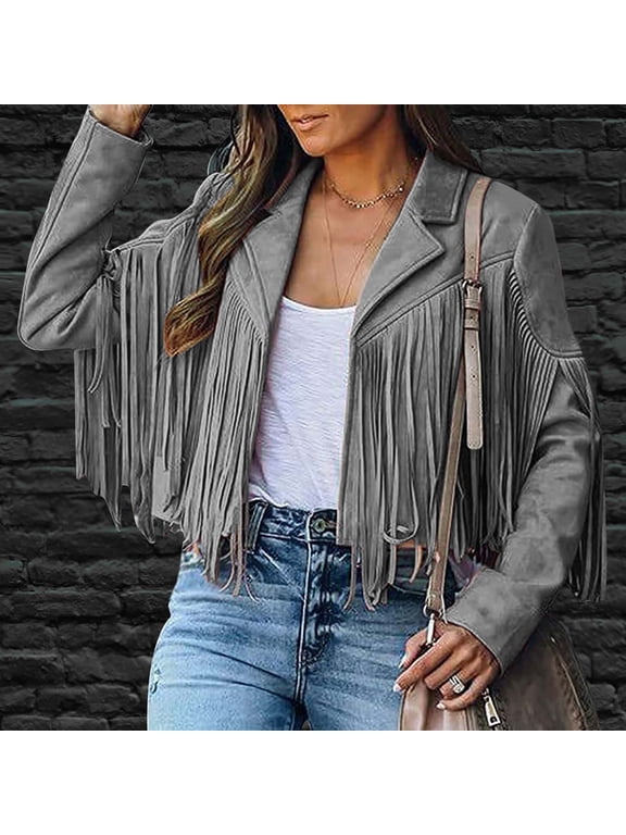 Womens Shirt Wellness Fringe Coat for Faux Suede Leather Cowboy Style Coat Long Sleeve Tassels Cardigan Coat