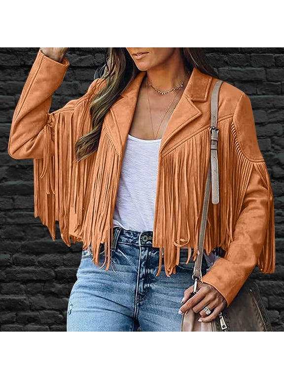 Womens Shirt Wellness Fringe Coat for Faux Suede Leather Cowboy Style Coat Long Sleeve Tassels Cardigan Coat