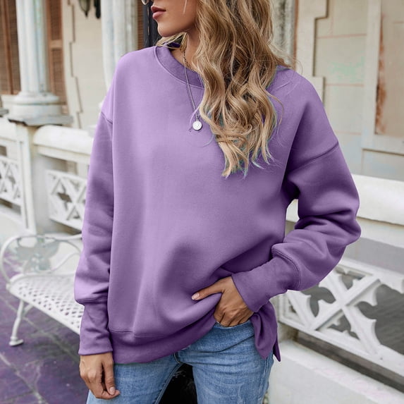 Kiplyki Womens Sweatshirt Fall New Bottom Split Fleece Round Neck Pullover With Plush and Thickened Sweater