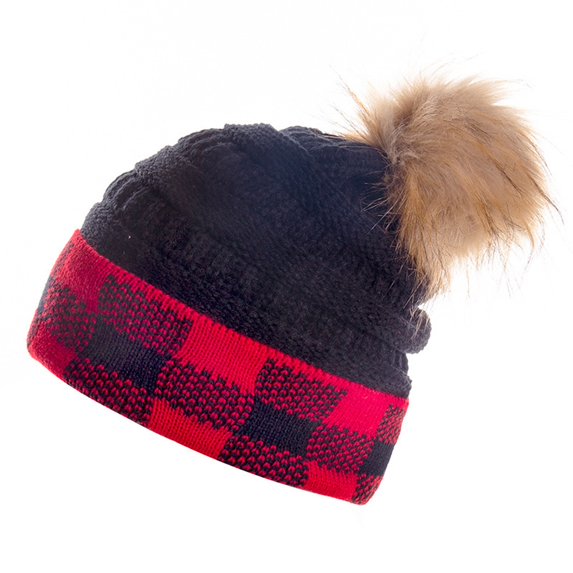 Kiplyki Womens Winter Knitted Beanie Hat Faux-Fur Pom Fleece Lined Warm Beanie