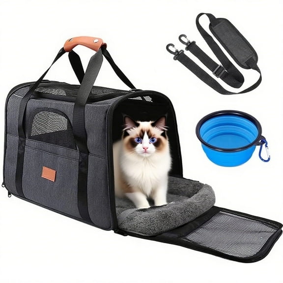Kisportee Cat Carrier, Large Pet Bag for Medium Cats and Dogs Puppies Up to 20LBs, Soft Sided Pet Travel Carrier with Mat, Foldable Bowl, Airline Approved Collapsible Puppy Carrier - Dark Gray