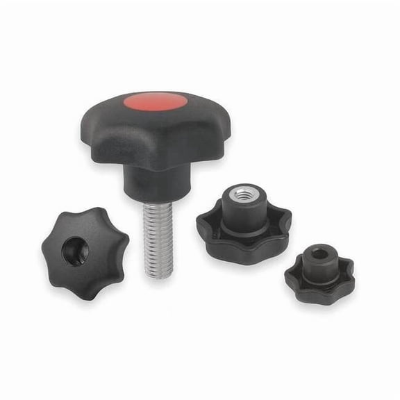 Star Grip, DIN 6336 Similar, D=M06X25, D1= 25, External Thread, Steel, Black Plastic, Cap: Black